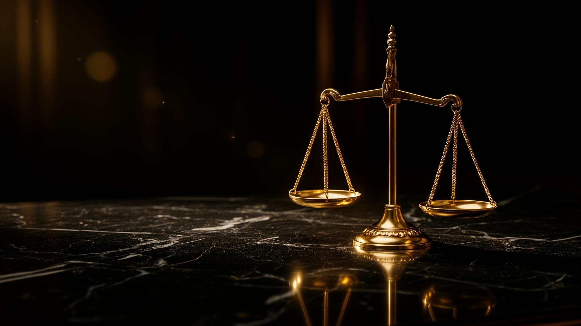 Golden scales of justice on dark marble
